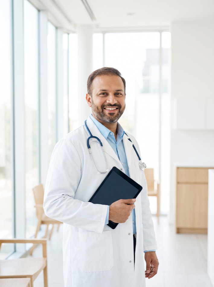 A verified doctor going live on QDoctor from a bright modern clinic