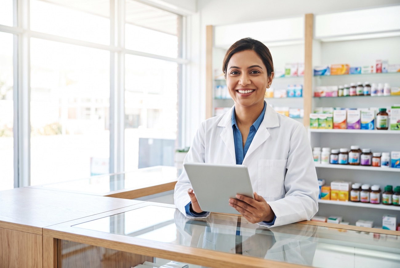 A pharmacist managing the live token queue on a tablet at a QDoctor partner pharmacy