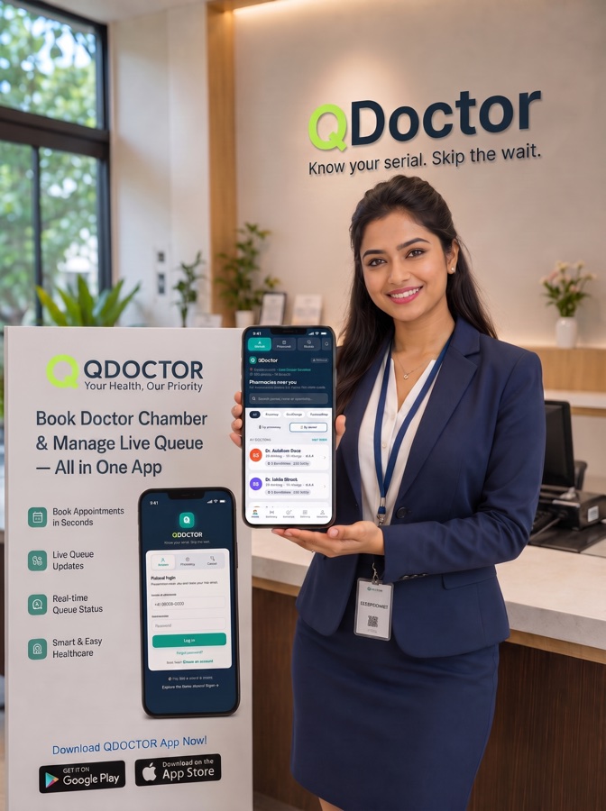 QDoctor app — book a doctor's chamber and manage the live queue on your phone