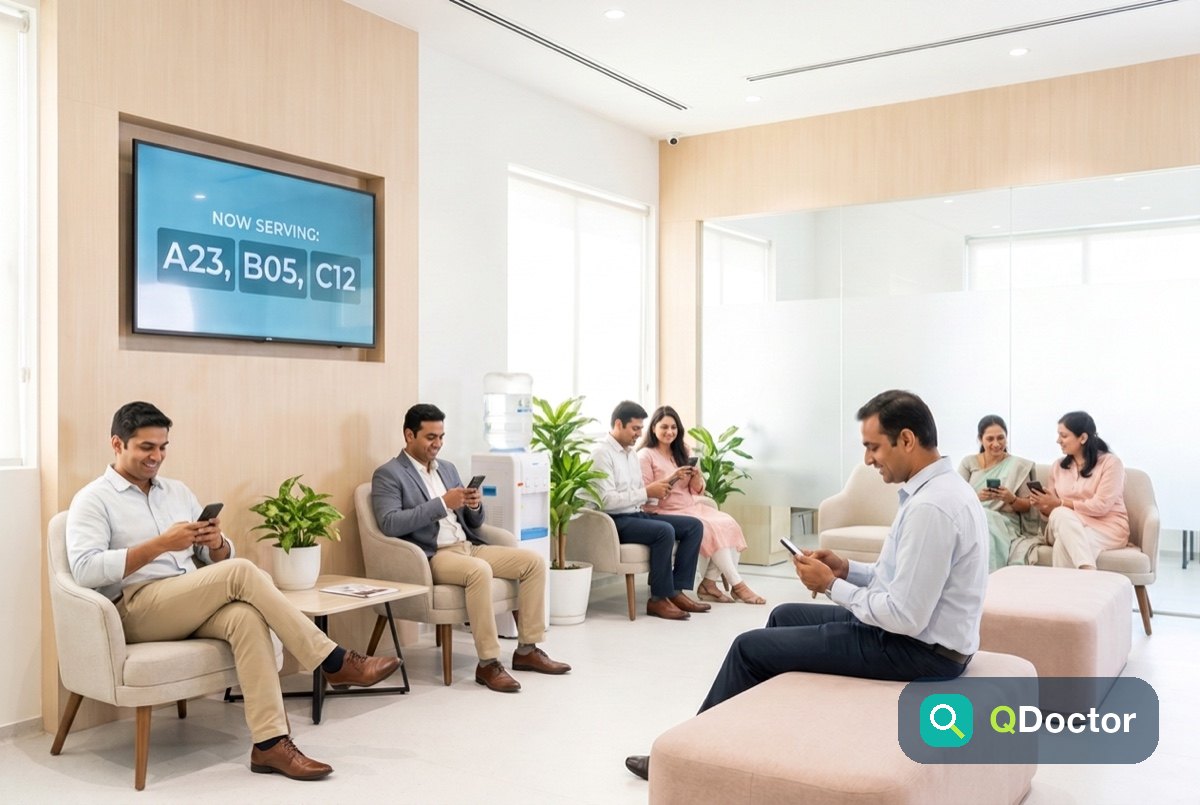 A calm pharmacy waiting area with a digital serial queue
