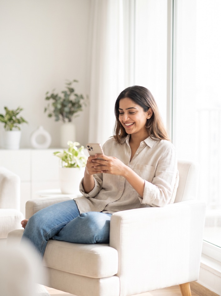 A woman relaxing at home while tracking her live queue serial on QDoctor