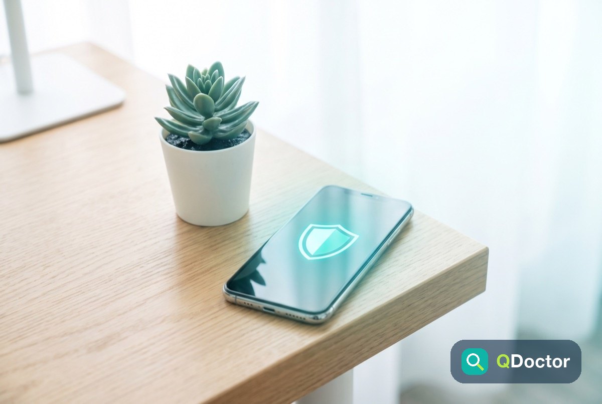 A smartphone showing a privacy lock icon on a clean desk
